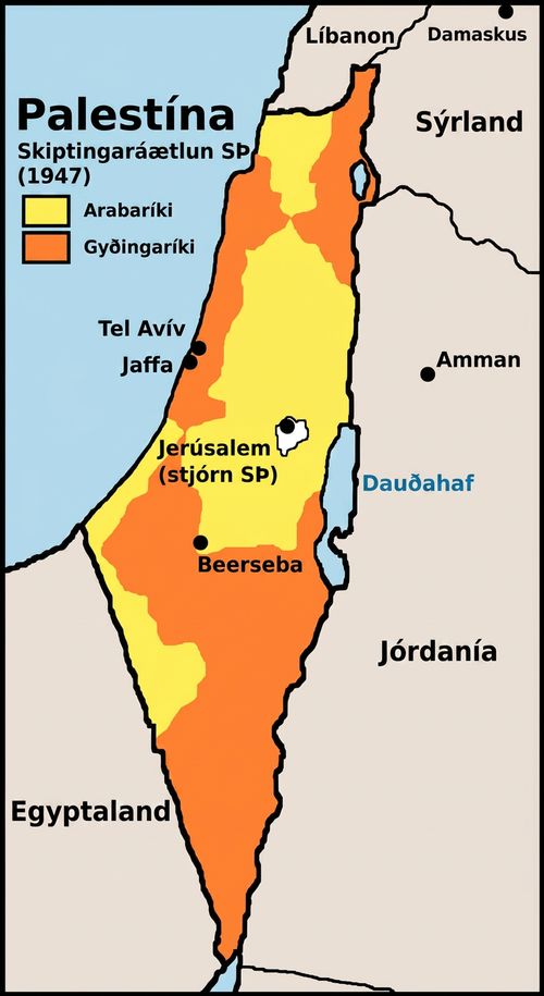 Kort sýnir Palestínu og er merkt „Palestine U.N. Partition Plan (1947)“. Skýringar sýna að gult táknar Arabaríkið en appelsínugult gyðingaríkið. Egyptaland er merkt neðst til vinstri og Líbanon, Sýrland og Jórdanía norðan og austan Palestínu. Svæði efst til austurs, löng og mjó ræma meðfram sjónum í vestri og stór hluti sunnanverðrar Palestínu eru appelsínugul og merkt sem gyðingaríkið. Lítið svæði í norðri, sporöskjulaga svæði fyrir miðju og skáhallt svæði í vestri við landamæri Egyptalands eru gul og merkt sem Arabaríkið. Borgirnar Tel Avív og Jaffa eru merktar við sjóinn í vestri. Jerúsalem (undir stjórn SÞ) er fyrir miðju landsins á örsmáum hvítum hring. Borgin Beersheba er í miðri Palestínu við landamæri Arabaríkisins og gyðingaríkisins.