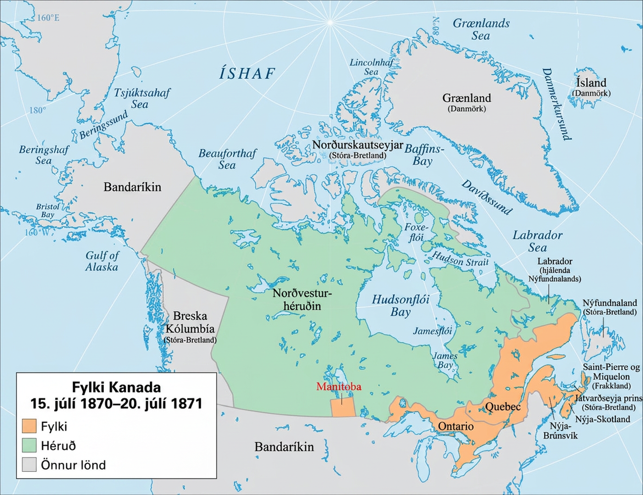 Kort sýnir Norður-Íshafið, Kanada, Grænland og nyrsta hluta Bandaríkjanna. Kortaskýringin er merkt „Fylki Kanada; 15. júlí 1870–20. júlí 1871“. Í henni táknar appelsínugulur litur „fylki“, grænn „landsvæði“ og grár „önnur ríki“. Stærstur hluti Kanada er grænn og merktur „Norðvesturlandsvæðin“, að undanskildum rétthyrndum hluta í suðvestri sem merktur er „Breska Kólumbía (Bretland)“. Ferhyrnt svæði neðarlega fyrir miðju Kanada, merkt „Manitoba“, er appelsínugult. Það sama á við um langt svæði meðfram suðausturjaðri Kanada, þar á meðal staði merkta „Ontario, Quebec, New Brunswick, Nova Scotia, Prince Edward-eyja (Bretland) og Saint Pierre og Miquelon (Frakkland)“. Öll önnur landsvæði á kortinu eru grá.