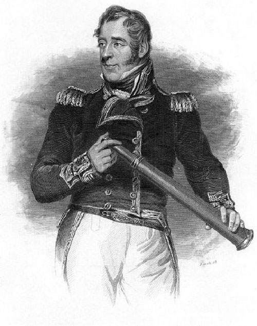 Á grafíkmyndinni klæðist Thomas Cochrane skrautlegum einkennisbúningi. Hann heldur á sjóngleri.