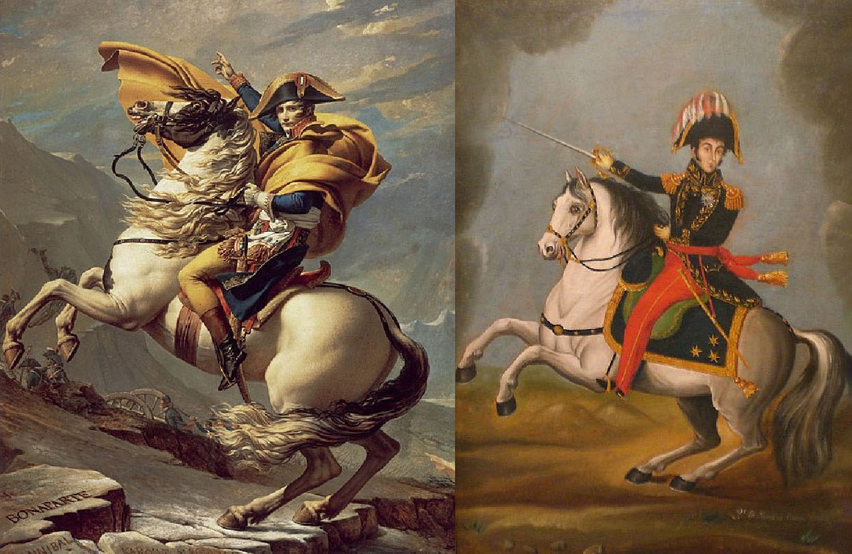 Á báðum myndum sést maður í skrautlegum hermannabúningi á hesti sem rís upp á afturfætur og snýr til vinstri.