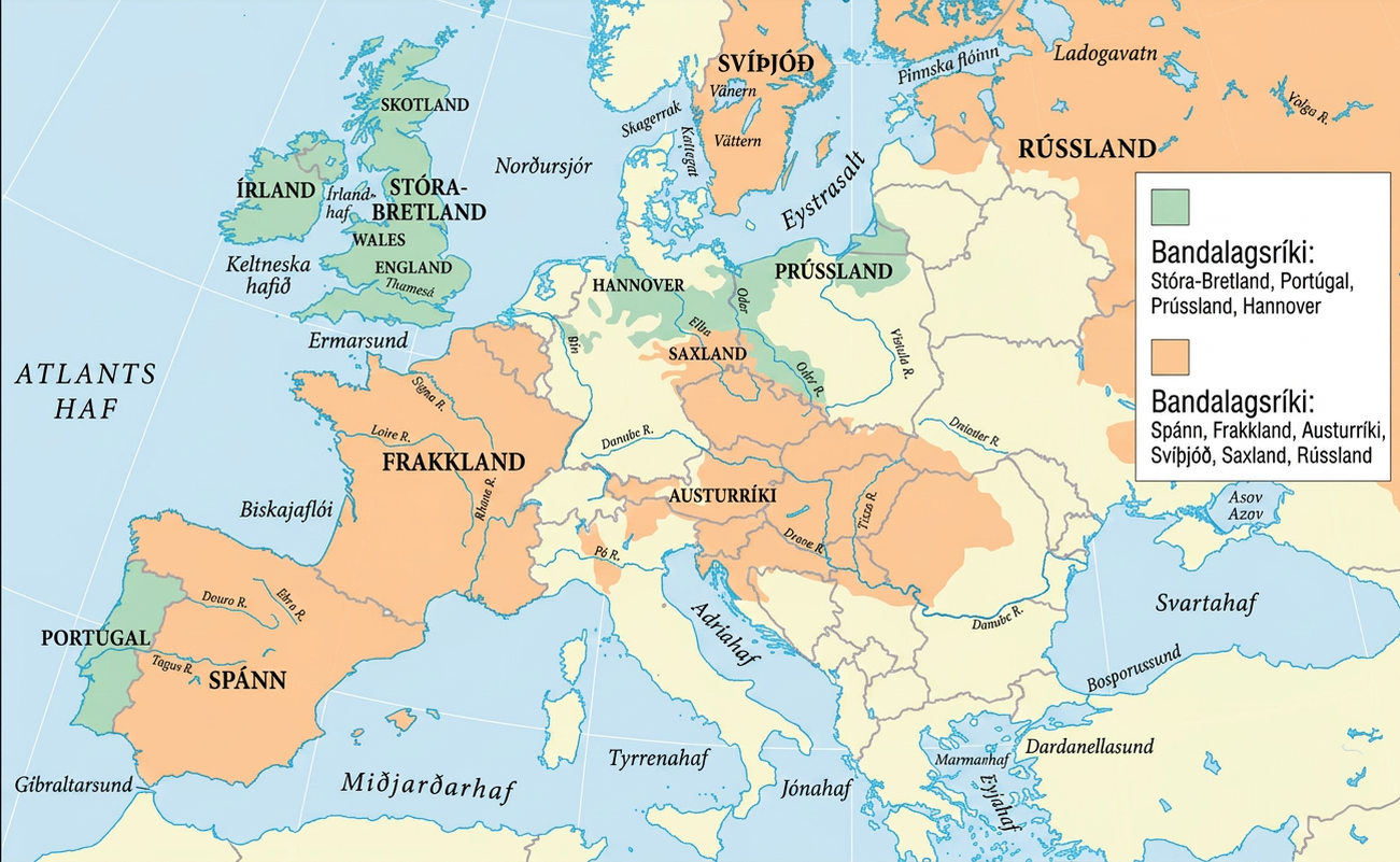 Kort sýnir Evrópu og hluta Rússlands. Eystrasalt, Norðursjór, Atlantshaf, Biskajaflói, Gíbraltarsund, Miðjarðarhaf, Tyrrenahaf, Adríahaf, Jónahaf, Eyjahaf, Marmarahaf og Svartahaf eru merkt. Tveir litir sýna hvaða ríki voru bandamenn. Græn svæði eru Stóra-Bretland, Portúgal, Prússland og Hannover og eru merkt „bandamenn: Stóra-Bretland, Portúgal, Prússland, Hannover“. Appelsínugul svæði eru Spánn, Frakkland, Austurríki, Svíþjóð, Saxland og Rússland og eru merkt „bandamenn: Spánn, Frakkland, Austurríki, Svíþjóð, Saxland, Rússland“. Önnur svæði eru ólituð.