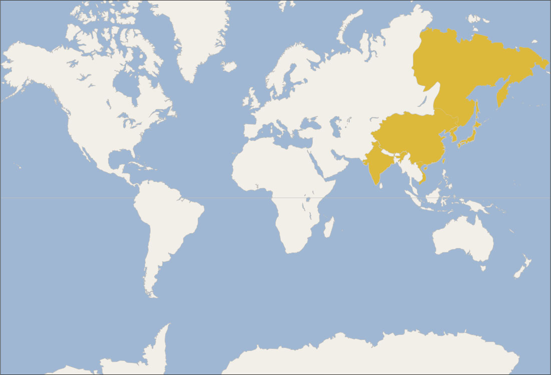 Þetta staðsetningarkort sýnir heiminn. Á kortinu eru norðausturhluti Rússlands, Indland, Kína, Kórea og Japan auðkennd.