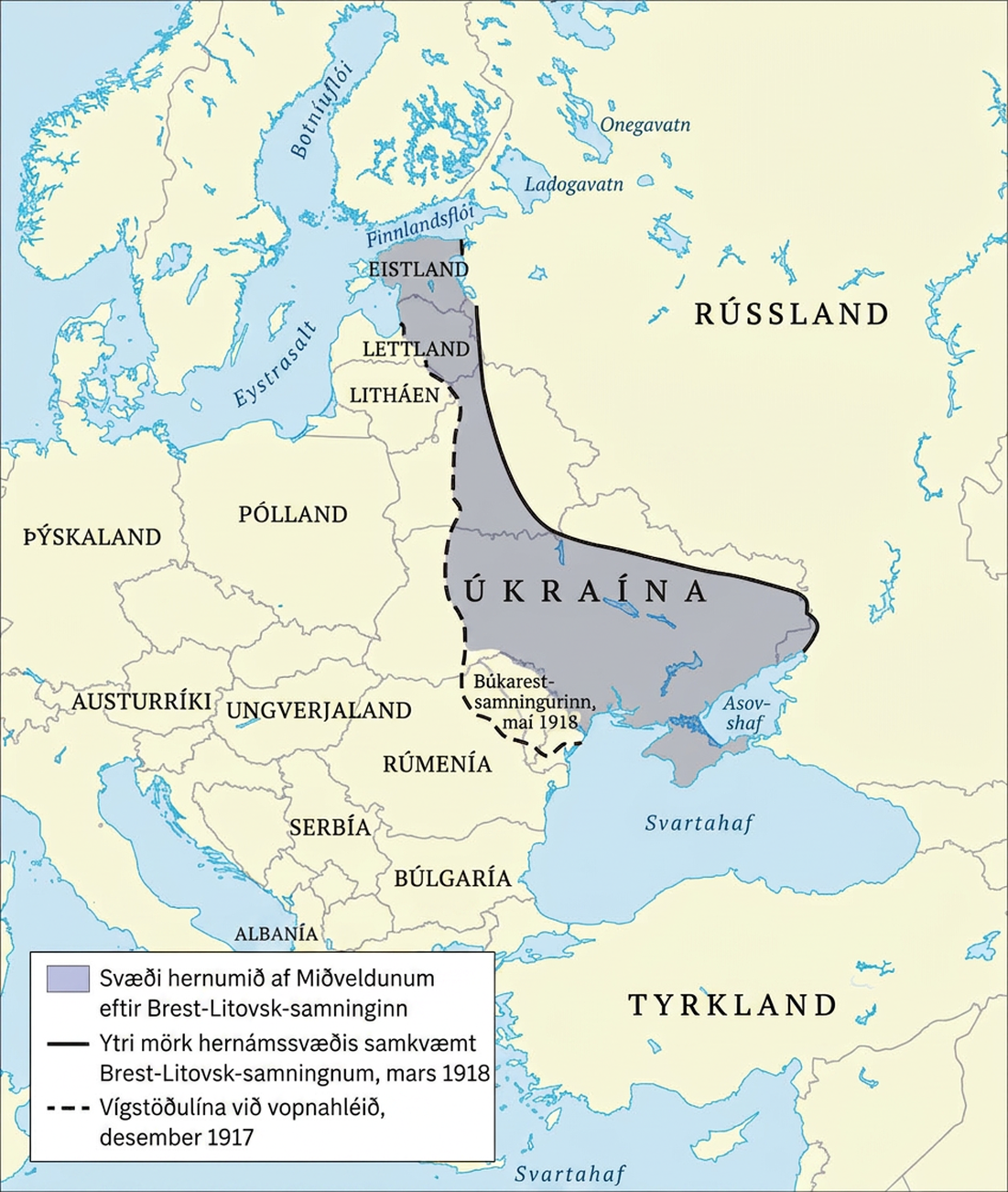Þetta er kort af Evrópu sem sýnir landsvæðin sem komust undir yfirráð Miðveldanna eftir Brest-Litovsk-samninginn. Lína er merkt „Takmörk hernáms samkvæmt Brest-Litovsk-samningnum, mars 1918“. Hún liggur frá austurlandamærum Eistlands til suðurs, beygir síðan til austurs, sker í gegnum Úkraínu og sveigir um landið uns hún endar við Asovshaf. Önnur lína er merkt „Víglína þegar vopnahléið tók gildi, desember 1917“. Hún hefst við Eystrasalt, liggur um miðbik Lettlands til suðurs, sveigir út á við og endar við Svartahaf. Stærstur hluti svæðisins milli línanna er skyggður og merktur „Svæði hernumið af Miðveldunum eftir Brest-Litovsk-samninginn“. Suðvesturhorn svæðisins er óskyggt og merkt „Búkarest-samningurinn, maí 1918“.