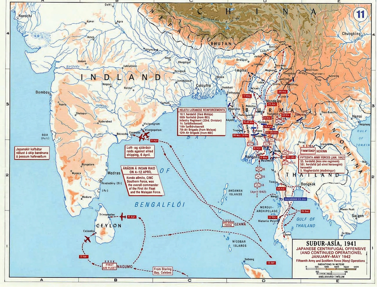 Kortið ber heitið „Suður-Asía, 1941. Miðflóttasókn Japana (og áframhaldandi aðgerðir), janúar til maí 1942. Aðgerðir fimmtánda hersins og suðurflotans.“ Eftirfarandi lönd eru sýnd: Indland, Bútan, Nepal, Suður-Kína, Búrma, Indókína, Taíland og Ceylon. Hafsvæðin eru Bengalflói, Taílandsflói og Tonkinflói auk ýmissa fljóta. Vestan við Indland stendur: „Japanskir kafbátar réðust á skip Bandamanna á þessum hafsvæðum.“ Í norðurhluta Bengalflóa stendur: „Mikill liðsauki Japana: 18. herdeildin (frá Malakkaskaga); 56. herdeildin (frá NEI); fótgönguliðssveit (33. herdeild); 1. skriðdrekaherdeildin; 14. skriðdrekaherdeildin; 7. flugsveitin (frá Malakkaskaga); 12. flugsveitin (frá NEI).“ Austan við Indland stendur: „Loft- og sjóárásir á skip Bandamanna, 6. apríl.“ Þar fyrir neðan stendur: „Árás á Indlandshaf 4-12. apríl. Kondo aðmíráll, yfirhershöfðingi suðurhers Frakklands, var yfirmaður fyrsta flugflotans og Malakkasveitarinnar.“ Brotalína liggur frá Mergui-eyju í Mergui-eyjaklasanum í Taílandi til Ozawa-eyjar í Bengalflóa. Hún er merkt „Malakkasveitin“ og liggur áfram til borganna Cocanada og Vizagapatam á austurströnd Indlands. Flugvélamerki eru við enda brotalínanna. Brotalína með flugvélamerki liggur frá svæðinu til suðausturs, fram hjá Ozawa-eyju og að suðausturhluta Bengalflóa. Brotalína merkt „Frá Staring-flóa, Celebes“ liggur frá neðri hluta kortsins og klofnar í tvær línur við áletrunina „Nagumo“. Önnur liggur til Colombo á vesturströnd Ceylon og er merkt „Fyrsti flugflotinn“, með flugvél og annarri áletrun, „5. apríl“. Hin grein brotalínunnar liggur til Trinconalee á austurströnd Ceylon. Þar eru flugvélamerki og áletrunin „9. apríl“. Brotalína liggur í austur frá miðju þessarar línu, yfir Nikóbareyjar í suðurhluta Bengalflóa og áfram eftir sjónum undan suðvesturströnd Taílands, merkt „12. apríl“. Áletrunin „Yfirgefið 23. janúar“ er austan við borgina Mergui í Taílandi. Þrjár brotalínur merktar „10. desember“ liggja frá Taílandsflóa til tveggja staða á vesturströnd Taílands og sú í miðjunni endar við Victoria Point með áletruninni „11. desember“. Brotalína liggur frá suðaustri til Bangkok, um borgina og klofnar þar í tvennt. Önnur greinin liggur vestur til Tavay í Taílandi og er merkt „19. janúar“ en hin liggur suður til borgarinnar Surat. Á miðju korti Taílands er áletrunin „Fimmtándi“ og önnur sem segir: „Hersveitir fimmtánda hersins (janúar 1942); 33. herdeildin (að frátalinni einni hersveit); 55. herdeildin (að frátalinni einni hersveit); hersveitir; 5. flugherdeildin (stuðningur).“ Brotalína liggur frá svæði í Bengalflóa norðan Mergui-eyjaklasans, merkt „(apríl 1942)“, síðan er hvítur reitur með rauðu x-i og tölunni „33“, annar slíkur reitur með „56“ og sá þriðji með „18“. Línan endar í borginni Moulmeth við áletrunina „8. mars“. Í vesturhluta Taílands eru tveir hvítir reitir með rauðu x-i; hægra megin við annan stendur 33(-) og við hinn „55(-)“. Á milli þeirra stendur „20. janúar“. Um allt Búrma vísa örvar norður og bera ýmsar áletranir: „5. mars“ og hvítur reitur með rauðu x-i og tölunni „18“ við borgina Pegu; vestan við Pegu er hvítur reitur með „33“ og norðaustan við hana hvítur reitur með „55(-)“ til hægri. Austan við Toungoo stendur „28. mars-3. apríl“ og austan þess „19-30. mars“. Suðvestan við Loi-Kaw stendur „16. apríl“ og norðaustan við hana „23. apríl“ ásamt hvítum reit með rauðu x-i og tölunni „56“ til hægri. Norðvestan við borgina stendur „22. apríl“. Sunnan við Yenangyaung stendur „19-20. apríl“. Sunnan við Mandalay stendur „30. apríl“ og norðaustan við Lashio „28. apríl“. Suðvestan við Pakokku stendur „11. maí“. Í norðurhluta Búrma liggja ýmsar bogadregnar brotalínur norður í átt að Kína.