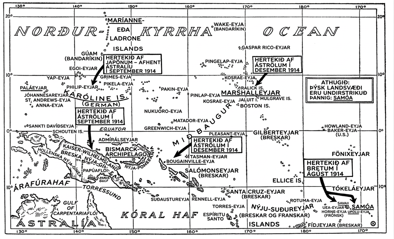 Kortið sýnir fyrrum nýlendur Þýskalands í norðanverðu Kyrrahafi. Við nýlendurnar standa ártöl og skýringar á því hvað varð um hverja þeirra. Japanir hernámu Karólínueyjar, sem höfðu verið þýskar, og afhentu Áströlum þær í september 1914. Ástralar hernámu Nýju-Gíneu, sem hafði skipst milli Þjóðverja, Breta og Hollendinga, í september 1914. Ástralar hernámu þýsku eyjuna Bougainville í desember 1914. Bretar hernámu Samóaeyjar í ágúst 1914. Ástralar hernámu þýsku Marshalleyjar í desember 1914.