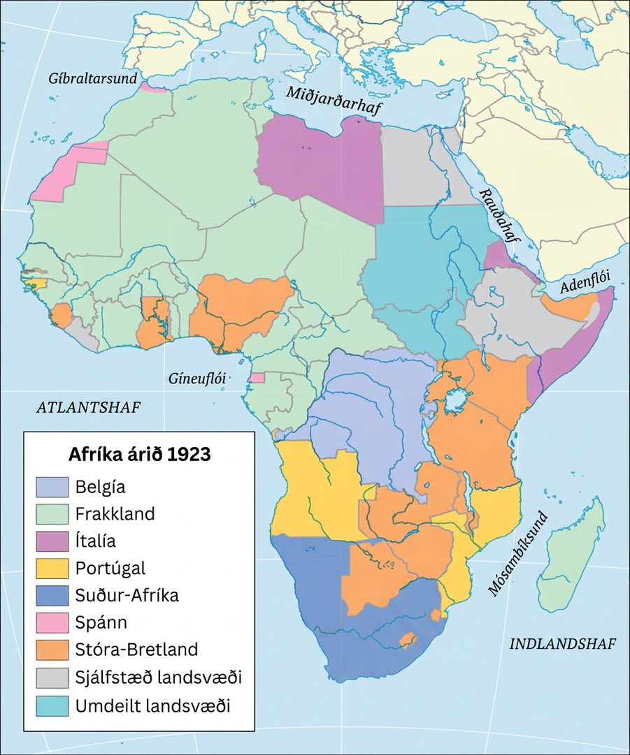 Kortið ber titilinn „Afríka árið 1923“. Mið-Afríka er merkt „Belgía“. Madagaskar og norðvesturfjórðungur Afríku eru merkt „Frakkland“. Hlutar Norður-Afríku og strandar Afríkuhornsins eru merktir „Ítalía“. Suðausturströndin meðfram Mósambíksundi og hluti suðvesturstrandarinnar eru merkt „Portúgal“. Hluti suðvesturstrandarinnar er merktur „Suður-Afríka“. Bútur norðvesturstrandarinnar er merktur „Spánn“. Hlutar Vestur-Afríku og austanverðrar Mið-Afríku eru merktir „Bretland“. Suður-Afríka, svæðið umhverfis Egyptaland og stærstur hluti innlands Afríkuhornsins eru merkt „sjálfstæð svæði“. Svæði sunnan Egyptalands er merkt „umdeilt landsvæði“.