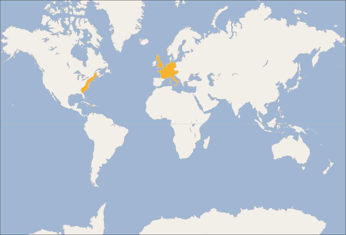 Sýnt er heimskort. Í Vestur-Evrópu eru Stóra-Bretland (England, Skotland og Wales) og það svæði meginlandsins sem Frakkland, Benelúxlöndin, Sviss, Þýskaland, Austurríki og Ítalía ná yfir skyggð. Austurhluti Bandaríkjanna er skyggður og Haítí er skyggt.
