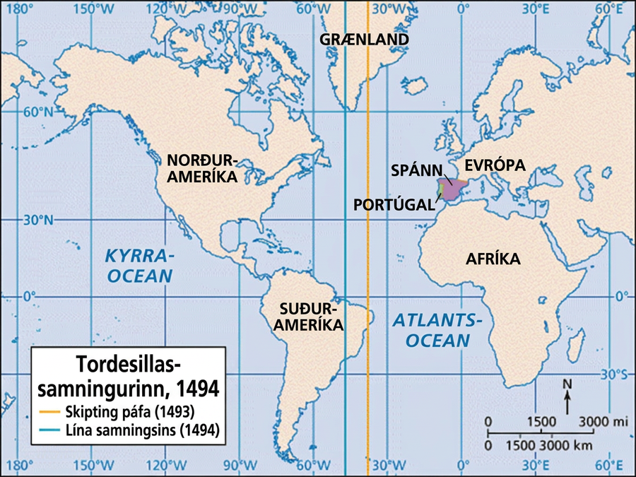 Kortið sýnir stóran hluta heimsins. Spánn og Portúgal í Evrópu eru auðkennd. Skiptilína páfa frá 1493 liggur lárétt um mitt Grænland, mitt Atlantshaf og austasta odda Suður-Ameríku. Samningslínan frá 1494 er nokkrum gráðum vestar. Hún liggur lárétt um vestanvert Grænland, vestanvert Atlantshaf og austurhluta Suður-Ameríku.