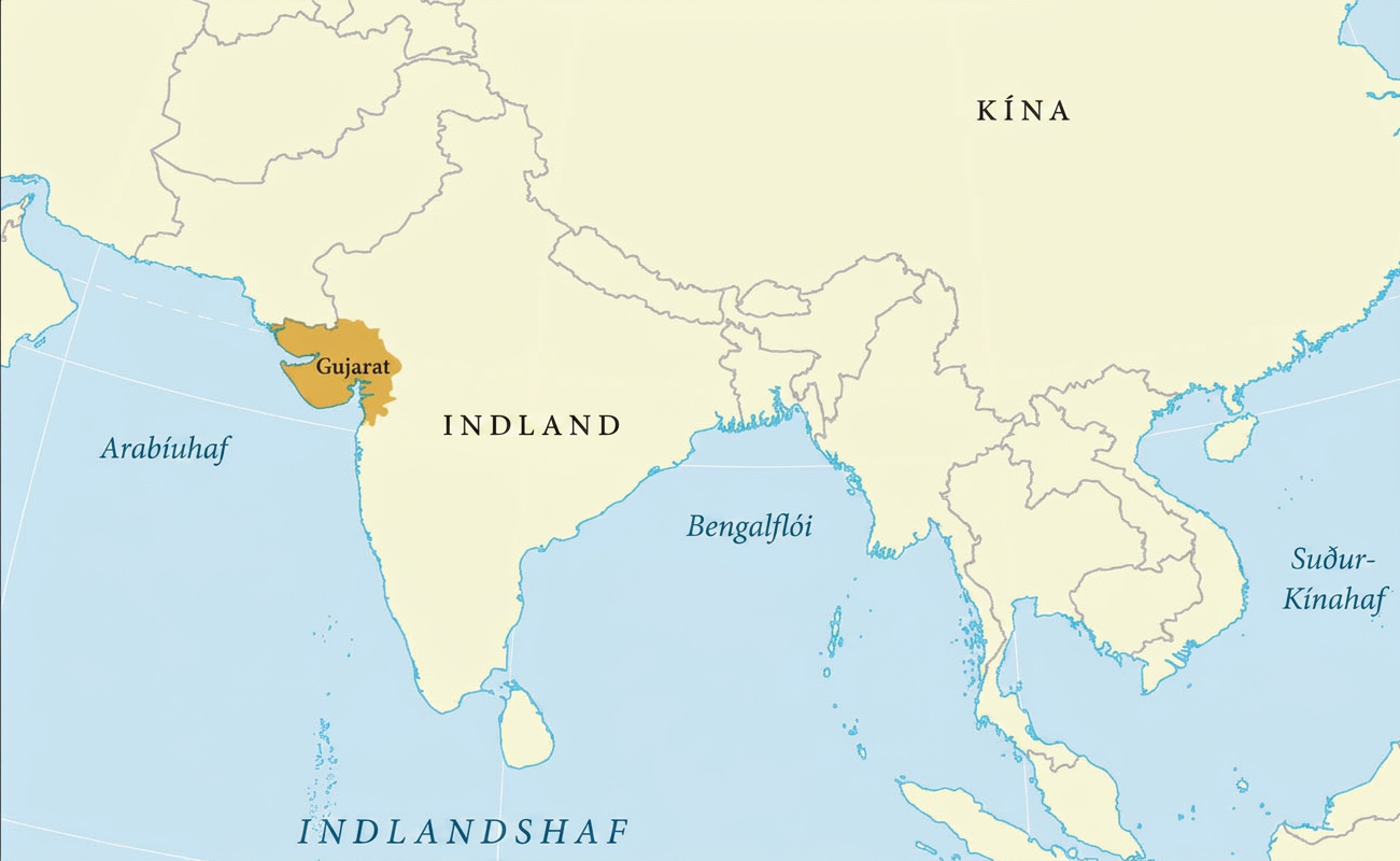 Þetta svæðiskort sýnir Indland, Kína, Arabíuhaf, Bengalflóa, Suður-Kínahaf og Indlandshaf. Soldánsdæmið Gujarat er auðkennt. Gujarat er á norðvesturströnd Indlands, við Arabíuhaf.