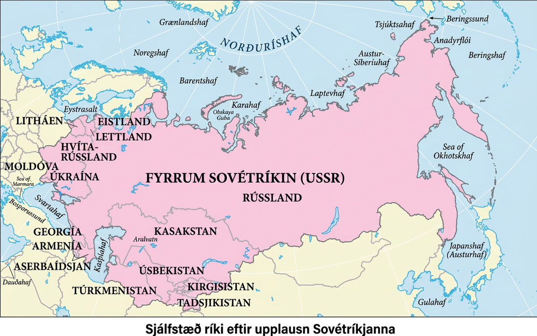 Kortið ber heitið „Sjálfstæð ríki eftir upplausn Sovétríkjanna“. Það sýnir svæði fyrrum Sovétríkjanna. Ríkin Armenía, Aserbaídsjan, Hvíta-Rússland, Eistland, Georgía, Kasakstan, Kirgistan, Lettland, Litháen, Moldóva, Rússland, Tadsjikistan, Túrkmenistan, Úkraína og Úsbekistan, sem urðu til eftir Sovétríkin, eru sýnd.