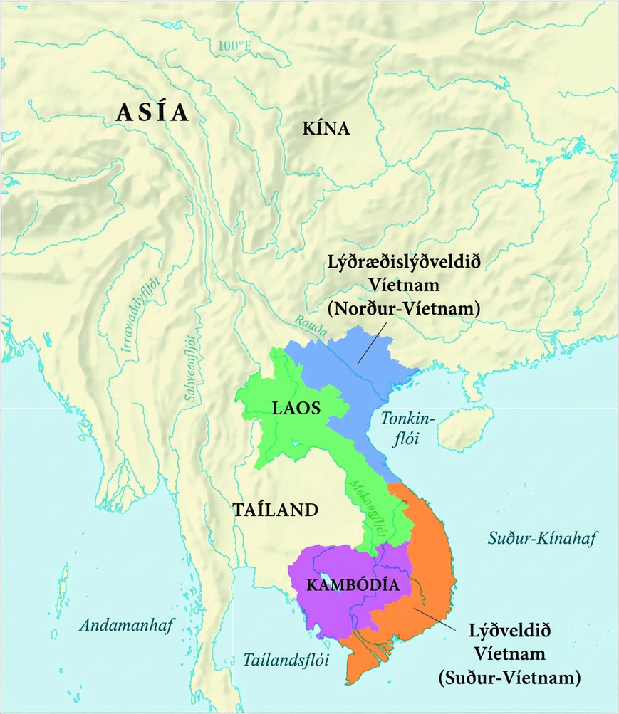 Kort af Suðaustur-Asíu sýnir Kína, Taíland, Laos, Kambódíu, Lýðveldið Víetnam (Suður-Víetnam) og Lýðræðislýðveldið Víetnam (Norður-Víetnam). Laos er grænmerkt, Kambódía fjólublá, Lýðræðislýðveldið Víetnam (Norður-Víetnam) blátt og Lýðveldið Víetnam (Suður-Víetnam) appelsínugult.