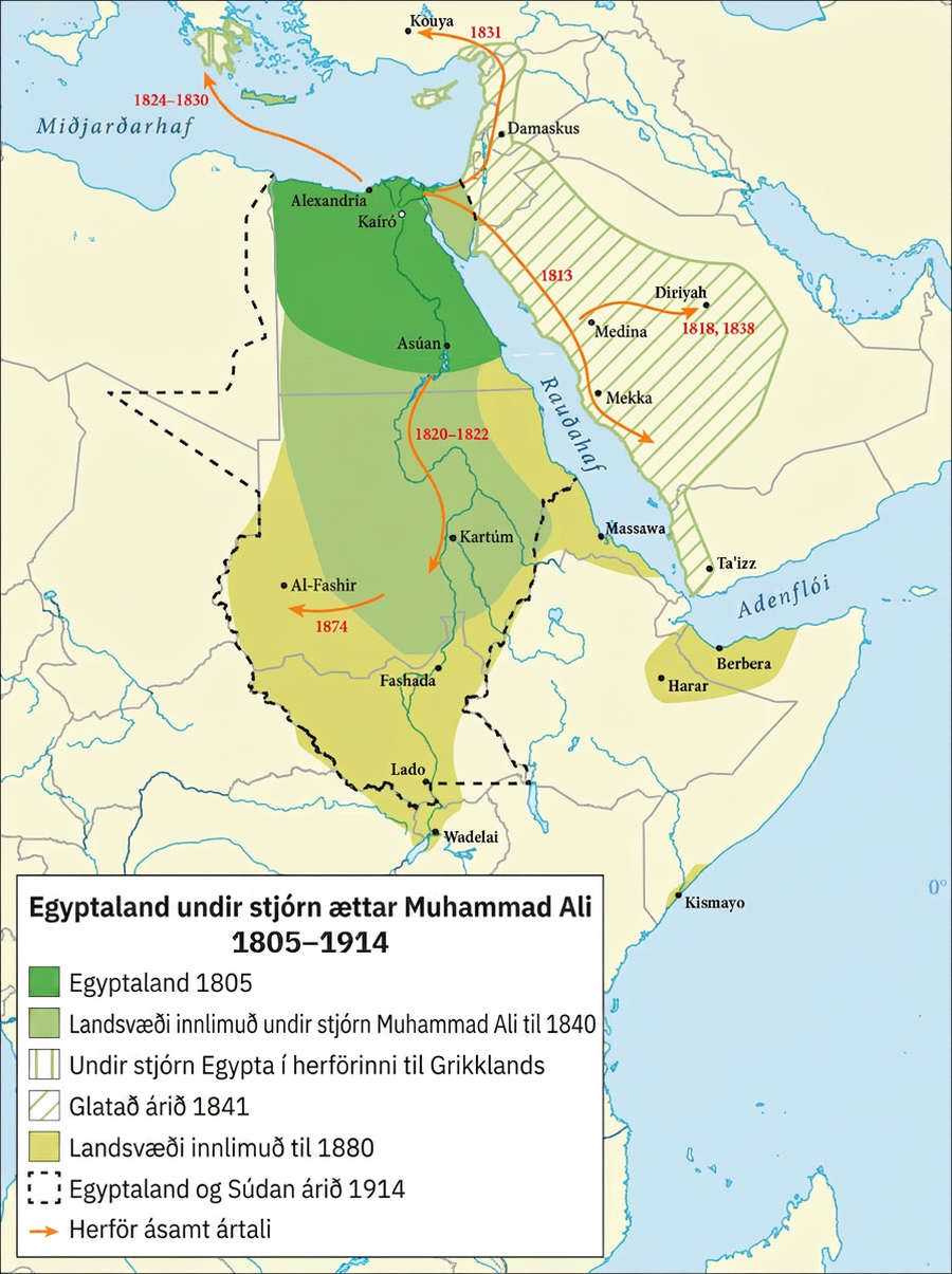 Kort sýnir norðausturhluta Afríku, með Miðjarðarhaf í norðri og Rauðahaf, Adenflóa og Mið-Austurlönd í austri. Kortið er merkt „Egyptaland undir ætt Muhammad Ali 1805–1914“. Hálfhringlaga svæði merkt „Egyptaland 1805“ er dökkgrænt í norðaustri og nær frá borgunum Alexandríu og Kaíró í norðri suður til borgarinnar Aswan. Ljósgrænt, ávalt og rétthyrnt svæði merkt „Landvinningar undir Muhammad Ali til 1840“ nær suður frá dökkgræna svæðinu, um Khartoum og endar rétt norðan Fashada. Skaginn milli Miðjarðarhafs og Rauðahafs er einnig merktur „Landvinningar undir Muhammad Ali til 1840“. Gulgrænt U-laga svæði umhverfis ljósgræna svæðið er merkt „Landvinningar til 1880“. Þar eru borgirnar Al Fashir í vestri, Fashada og Lado í suðri og Massawa við Rauðahaf. Lítið svæði á Afríkuhorninu er einnig gulgrænt og nær yfir borgirnar Harar og Berbera ásamt svæði í suðri umhverfis Kismayo. Eyja norðaustur af Afríku og hluti Grikklands eru sýnd með lóðréttum röndum og merkt „Undir stjórn í Grikklandsherferðinni“. Stórt og langt sporöskjulaga svæði í Arabíu, sem liggur meðfram austurströnd Rauðahafs og inn í landið, er skáröndótt og merkt „Glatað 1841“. Þar eru borgirnar Damaskus, Diriyah, Medína, Mekka og Ta’izz. Svört brotalína umlykur allt dökkgræna, ljósgræna og gulgræna landið frá Alexandríu í norðri suður til Lado og teygir sig dálítið vestur; hún táknar „Egyptaland og Súdan 1914“. Rauðar örvar á kortinu tákna „Herferð ásamt ártali“. Rauð ör liggur frá Alexandríu norður til Grikklands og er merkt „1824–1830“. Rauð ör liggur frá Kaíró norður til Konya í Tyrklandi og er merkt „1831“. Rauð ör liggur frá Kaíró suður með Rauðahafi til svæðis rétt sunnan Mekka og er merkt „1813“. Rauð ör liggur frá Medínu austur til Diriyah og er merkt „1818, 1838“. Rauð ör liggur frá Aswan suður á svæði suðvestan Khartoum og er merkt „1820–1822“. Rauð ör liggur frá svæði austan Al Fashir til svæðis rétt vestan borgarinnar og er merkt „1874“.
